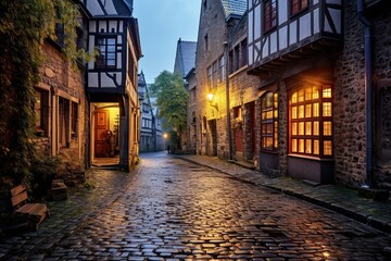 Street in the old town of Rothenburg ob der Tauber, Germany, AI Generated - obrazy, fototapety, plakaty