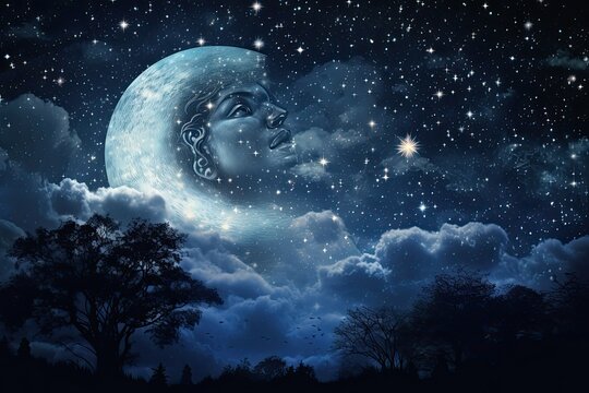 Mystical landscape with moon and stars. Elements of this image furnished by NASA, AI Generated