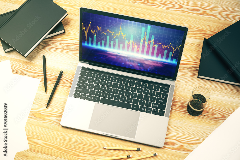 Aufkleber modern computer screen with abstract financial diagram, banking and accounting concept. 3d rendering