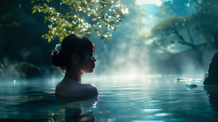 Portrait of beautiful Japanese women relaxing in hot spring - obrazy, fototapety, plakaty