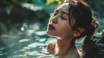 Portrait of beautiful Japanese women relaxing in hot spring