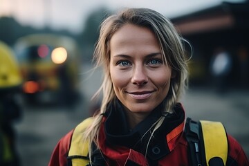 Portrait of a beautiful young woman on the background of the ambulance