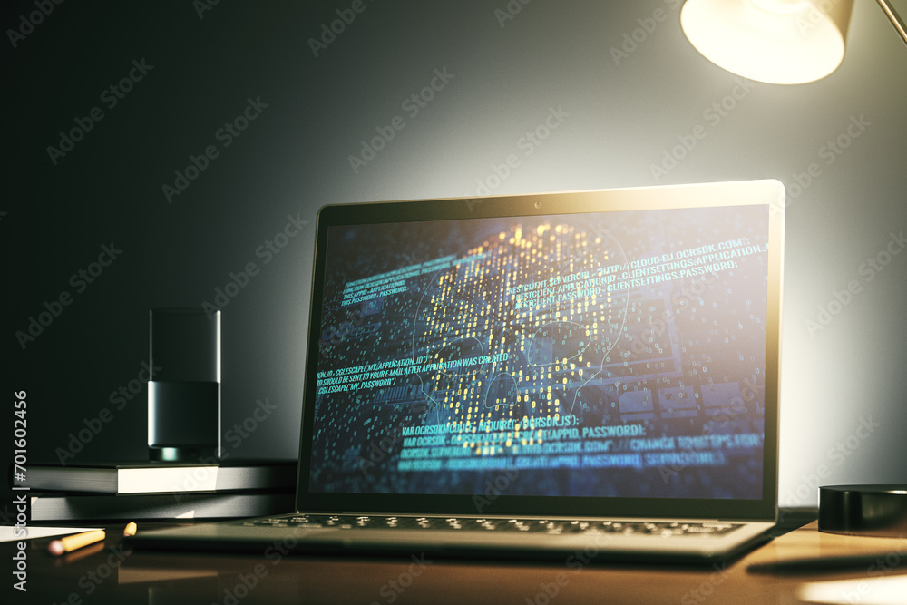 Poster Modern computer monitor with creative code skull hologram. Malware and cyber crime concept. 3D Rendering
