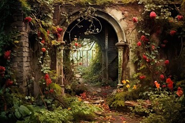 Garden with red flowers in the old church, Tuscany, Italy, AI Generated