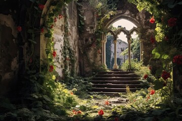 Beautiful fantasy garden with red roses and a lantern in the middle, AI Generated