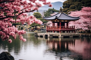 Beautiful cherry blossom and japanese pagoda in garden, AI Generated