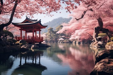 Beautiful cherry blossom at Gyeongbokgung Palace in Seoul, South Korea, AI Generated