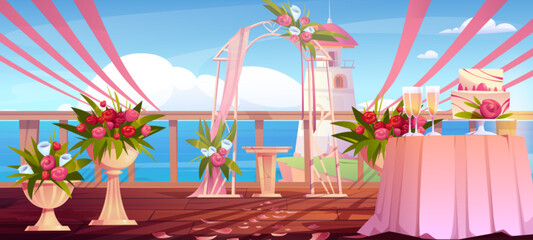 Wedding ceremony scene on sea beach. Vector cartoon illustration of wooden patio decorated with pink ribbons, flowers in vases, romantic arch, wine glasses and cake on table, lighthouse and ocean view