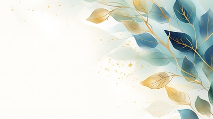 Luxurious golden wallpaper. Banner with white background blue and green watercolor stains. Golden cherry leaves wall art with shiny light texture. Modern art mural wallpaper. Generative Ai
