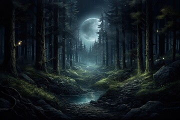 Fantasy landscape with a dark forest and a river under a full moon, AI Generated