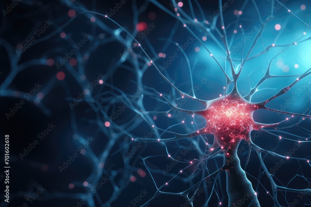 Poster 3d rendering of neuron cell with neurons and nervous system on dark background, ai generated