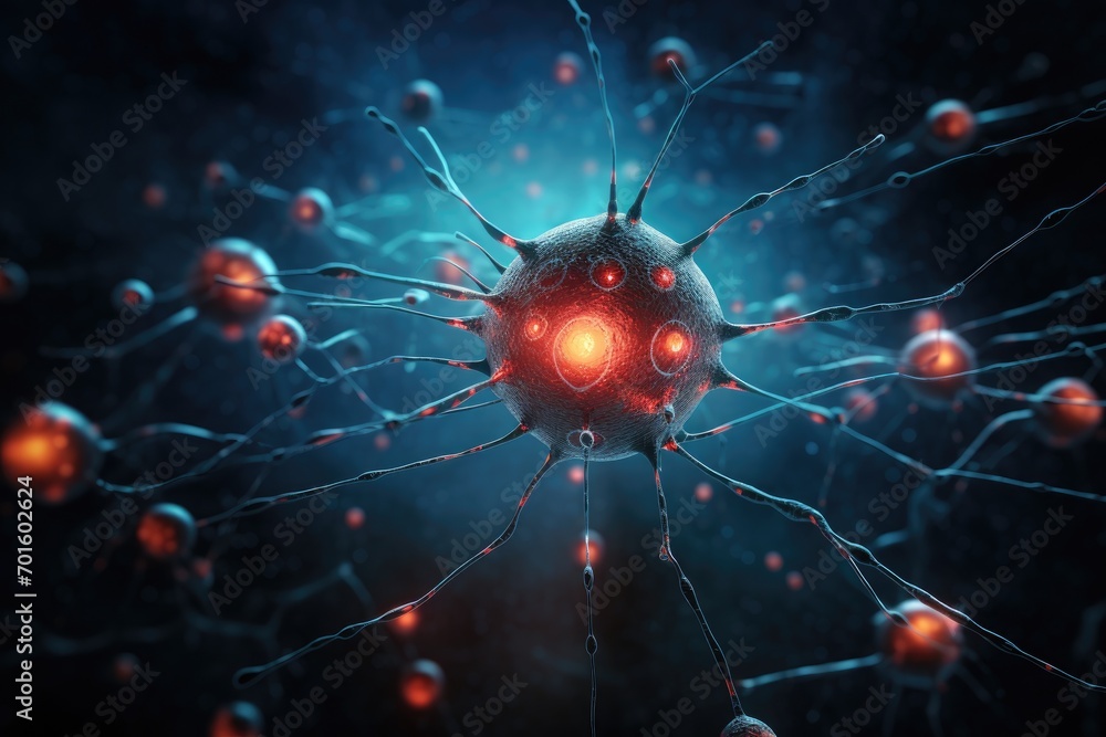 Poster 3d illustration of a neuron cell or neuron cell close-up, artificial neuron in concept of artificial
