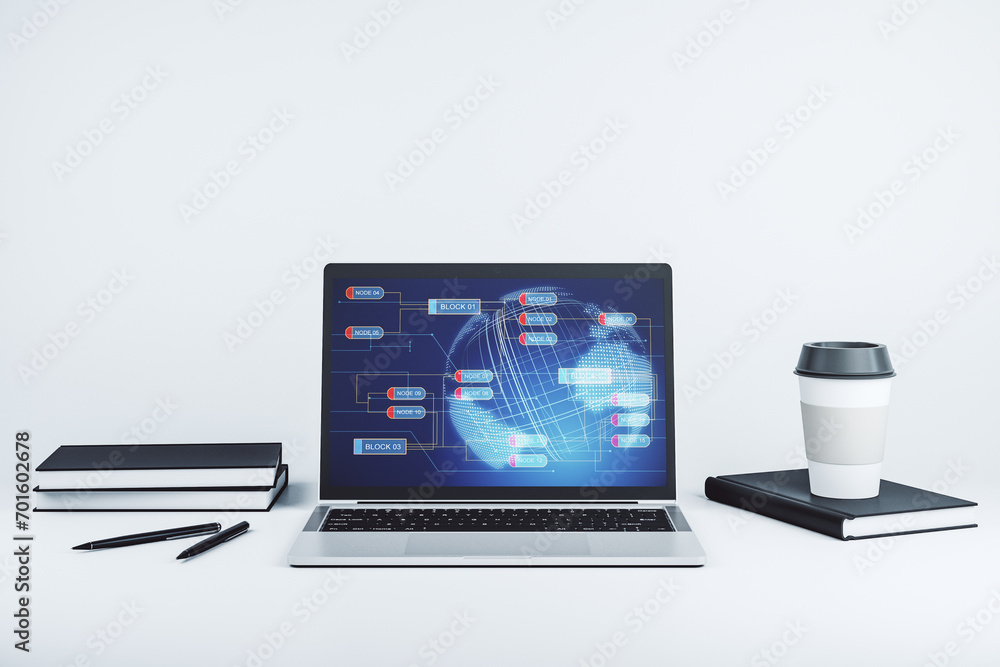 Aufkleber Modern computer screen with abstract creative coding sketch and world map, artificial intelligence and neural networks concept. 3D Rendering