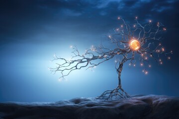 Conceptual image with tree silhouette against blue sky with glowing stars, AI Generated - Powered by Adobe