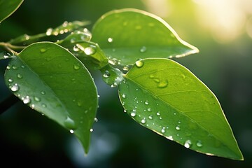 Three leaves adorned with sparkling dewdrops, nature's enchanting jewels of the morning