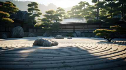 Landscape stone Japane garden containing several angular rocks and smaller stones resembling the...