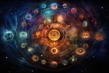 Astronomical clock. Zodiac signs. Zodiac background, AI Generated