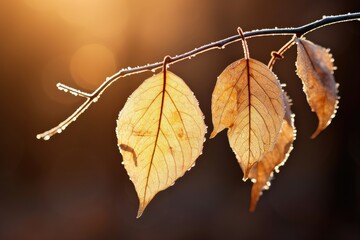 Close-up of three dew-spangled leaves with a blissful backdrop, a tranquil moment in nature's embrace