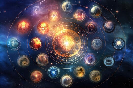 Zodiac signs in space. Elements of this image furnished by NASA, AI Generated