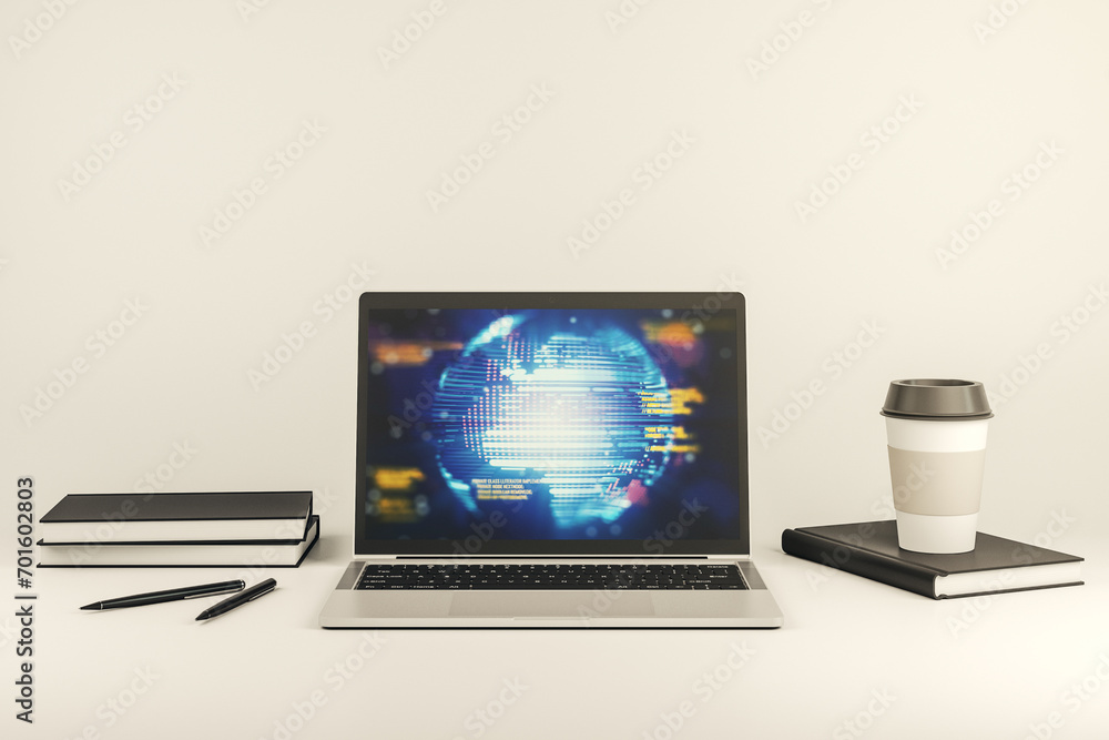 Leinwandbilder modern computer screen with abstract creative coding sketch and world map, artificial intelligence a