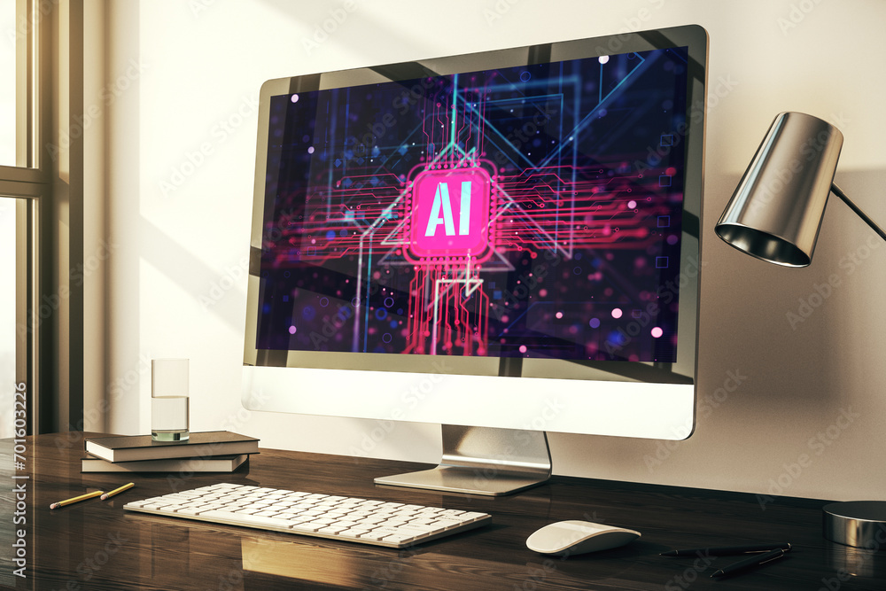 Poster Creative artificial Intelligence symbol concept on modern computer monitor. 3D Rendering
