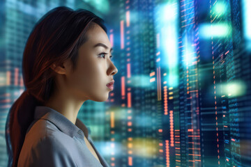 Close up face Business asian woman or Finance trade manager analyzing stock market indicators, financial data and charts with business in background.