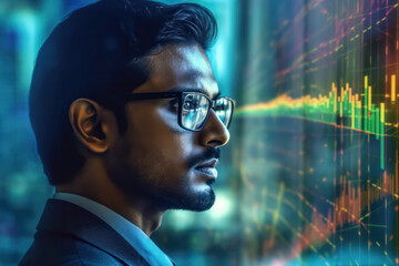 Close up face Business indian man or Finance trade manager analyzing stock market indicators, financial data and charts with business in background.