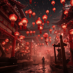 Chinese night with hanging red lantern decoration for festival celebration.