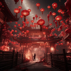 Chinese night with hanging red lantern decoration for festival celebration. In front of the Chinese iconic architecture temple shrine.