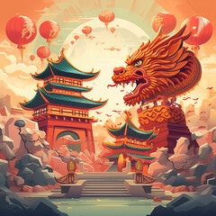 Generative AI with illustration of dragon and Chinese temple in Chinese environmental in Lunar Chinese new year. A celebration cultural of Chinese people and community