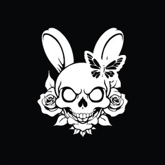 illustration of a skull with ears of a rabbit and roses