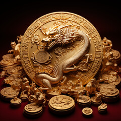 Golden dragon coin with many coins for wealth in Chinese.