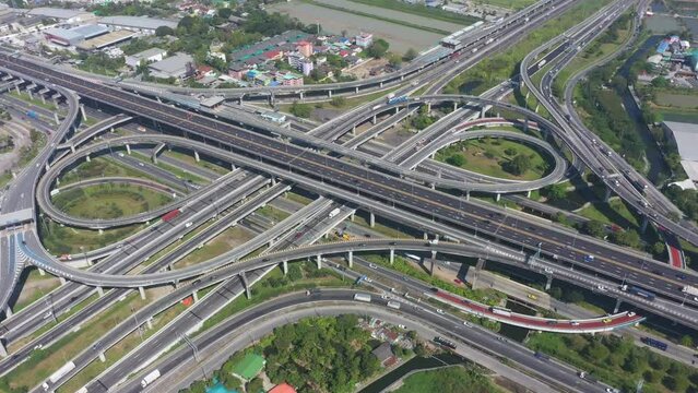  aerial view of Expressway top view, Road traffic an important infrastructure in Thailand. Road and Roundabout, multilevel junction motorway	