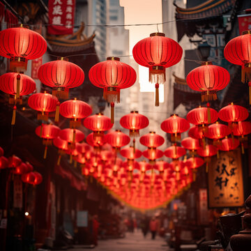 Chinese lantern decoration for Chinese Lunar Newyear in China town neighbourhoods area.