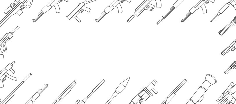 Weapons horizontal outline banner. Military weapons silhouettes. Tactical assault rifles, smoothbore guns, AK 47, sniper rifles, grenade launchers.