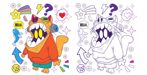 cute animal doodle illustration for book drawing page