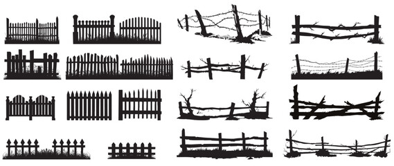Silhouette Illustrations of Wooden Fences on White Background - obrazy, fototapety, plakaty