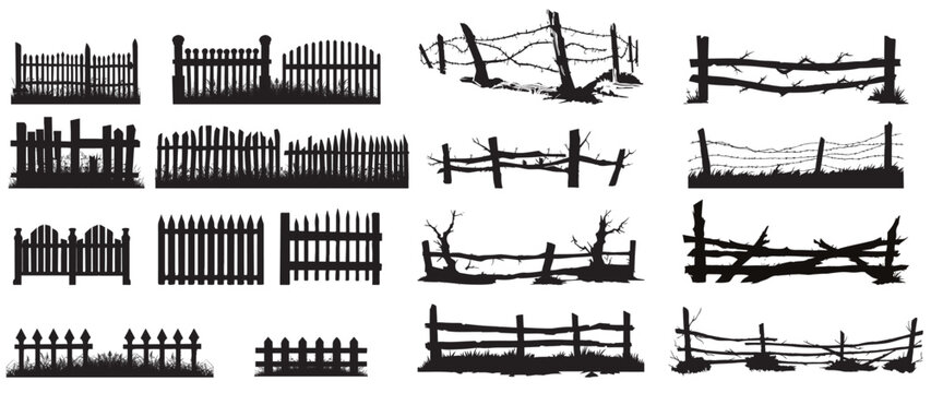 Silhouette Illustrations of Wooden Fences on White Background