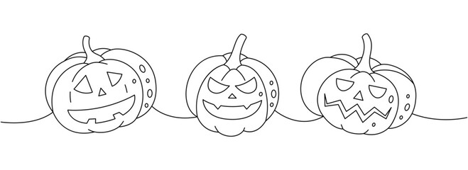 Pumpkins scary faces set. Autumn halloween pumpkins faces one line continuous drawing. Autumn halloween vegetables continuous one line illustration.