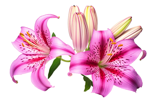 Top side closeup macro view of A collection two, three Belladonna Lily flowers isolated on white background