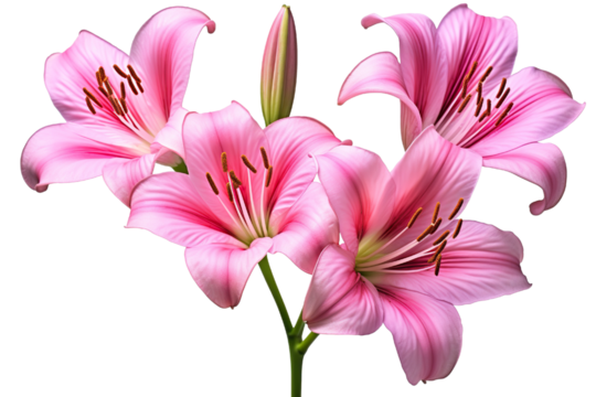Top side closeup macro view of A collection two, three Belladonna Lily flowers isolated on white background