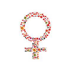 The gender symbol of a woman is decorated with flowers and hearts of love.