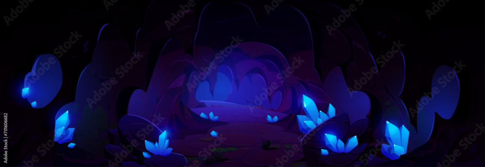 Poster dark cave with blue shining gem crystal clusters in stone walls. cartoon vector tunnel with luminous