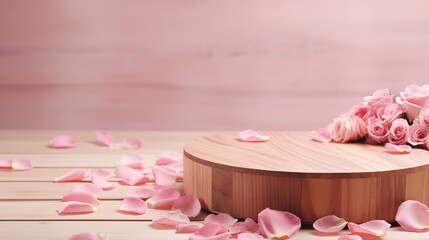 ooden podium with pink rose and petals to demonstrate products, cosmetics and gifts. Valentine, mother day and women day concept. Generative Ai