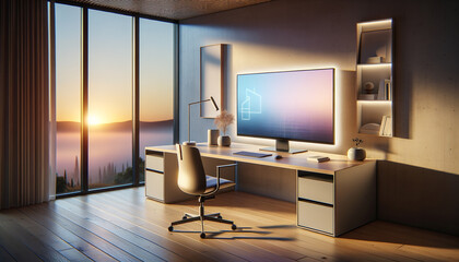 Futuristic home office with ambient computing setup and soft sunrise glow