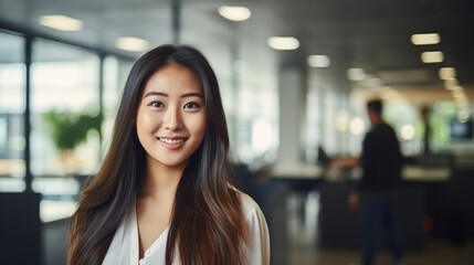 Naklejka premium Portrait of young confidant business woman standing in the office smiling, co-workers and employees in the background