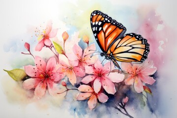 Fototapeta na wymiar Watercolor rendering of a graceful butterfly resting on a blooming flower, the vibrant scene set against a clean, white canvas.