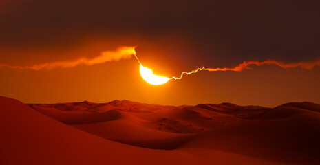 Sand dunes in the Sahara Desert at amazing sunrise, Merzouga, Morocco - Orange dunes in the desert...