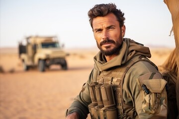 Portrait of a handsome soldier standing in the middle of the desert