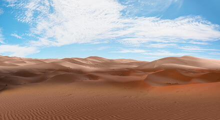 Sand dunes in the Sahara Desert - Merzouga, Morocco - Orange dunes in the desert of Morocco - Sahara desert, Morocco - obrazy, fototapety, plakaty